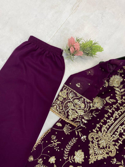 Wine Georgette Kurta Plazzo Suit with Sequence Embroidery Work Dupatta