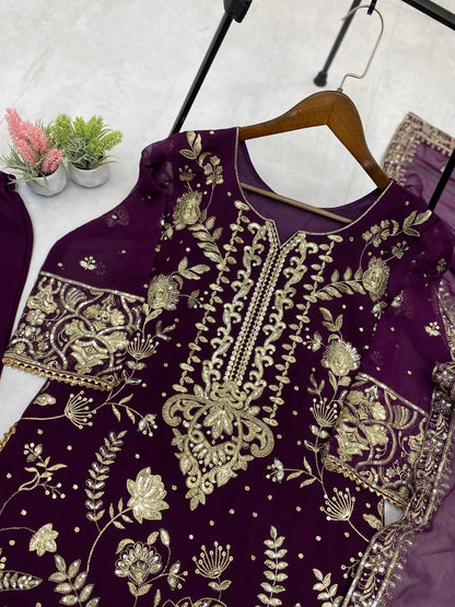 Wine Georgette Kurta Plazzo Suit with Sequence Embroidery Work Dupatta