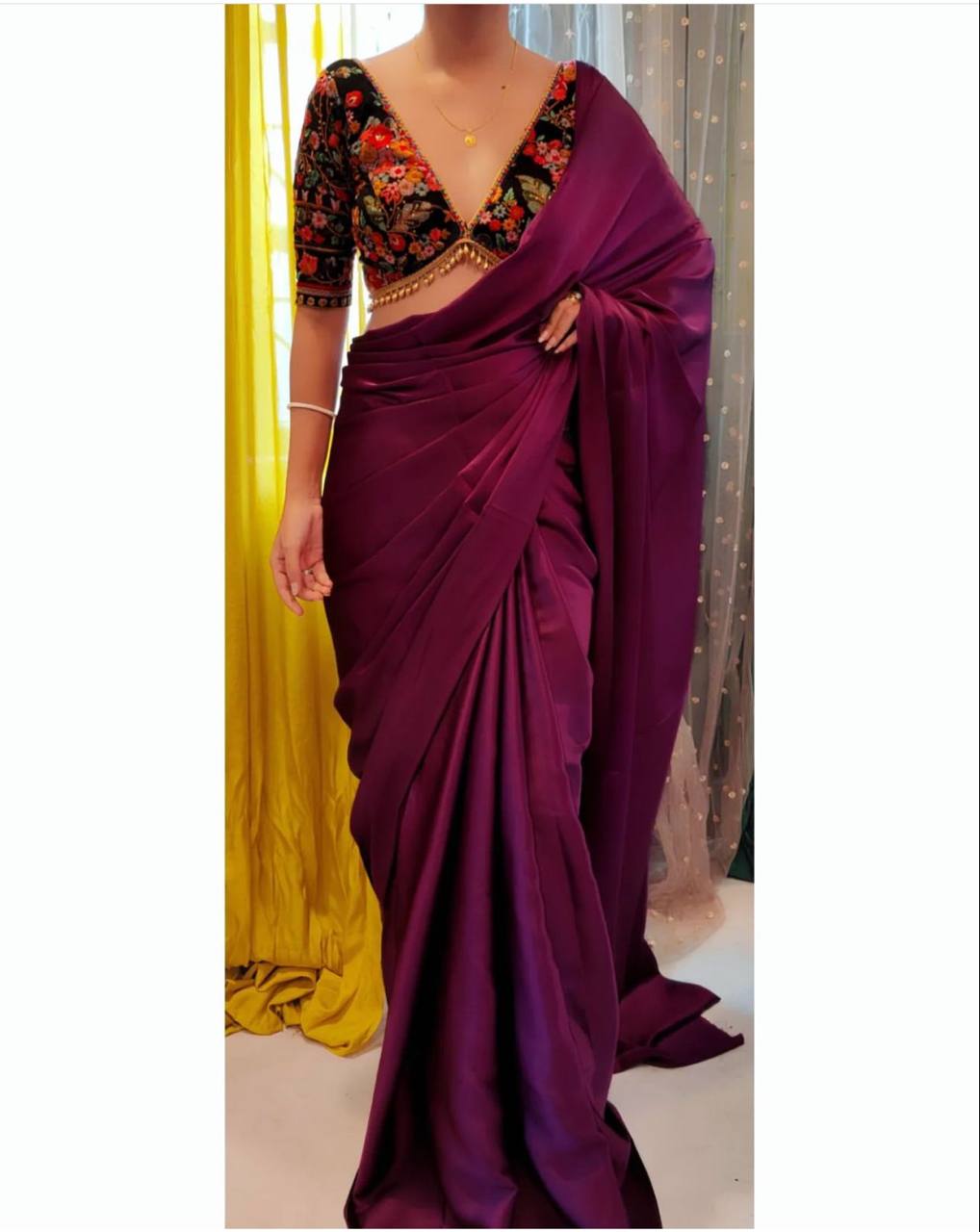 Wine Luxury Smooth Satin Saree with Designer Embroidery Blouse