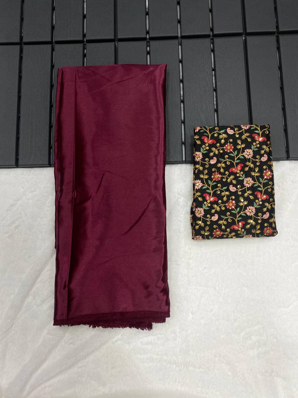 Wine Luxury Smooth Satin Saree with Designer Embroidery Blouse
