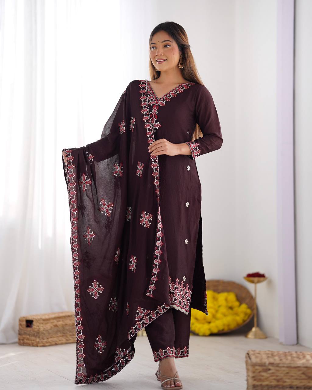 Wine Pure Chinnon Silk Top Bottom and Dupatta For Party Wear