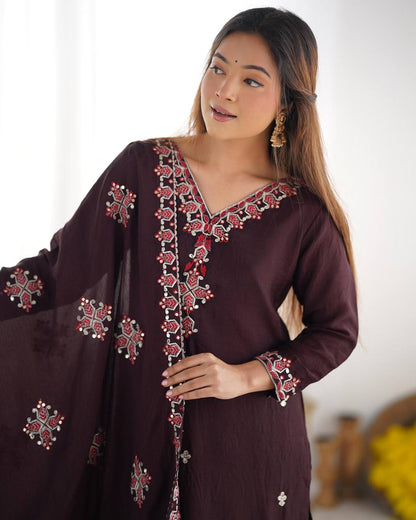 Wine Pure Chinnon Silk Top Bottom and Dupatta For Party Wear