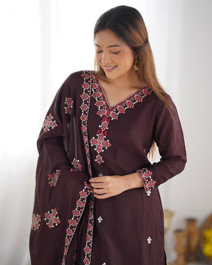 Wine Pure Chinnon Silk Top Bottom and Dupatta For Party Wear