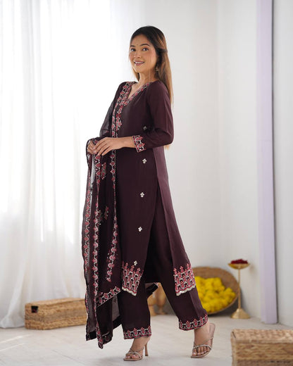 Wine Pure Chinnon Silk Top Bottom and Dupatta For Party Wear