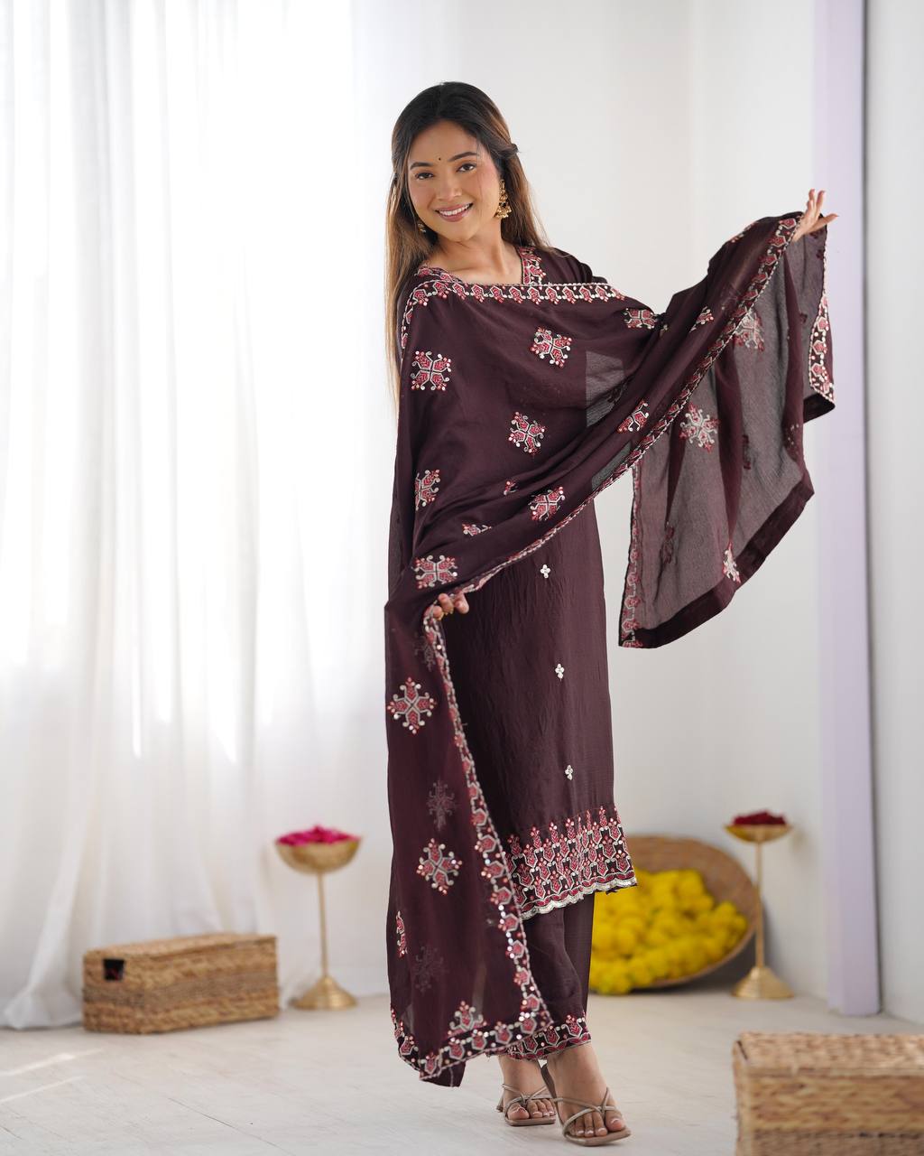 Wine Pure Chinnon Silk Top Bottom and Dupatta For Party Wear