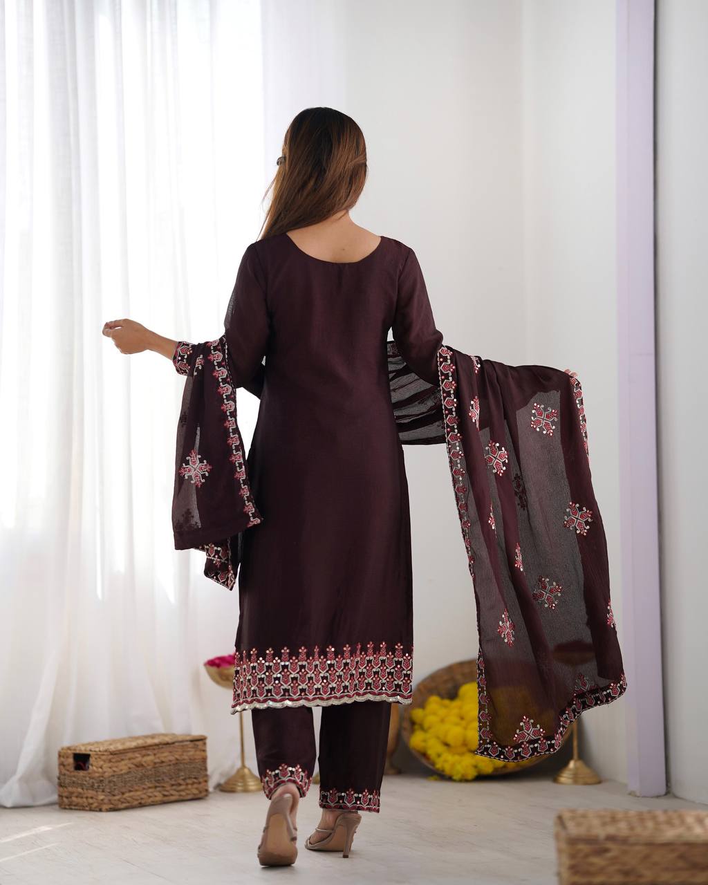 Wine Pure Chinnon Silk Top Bottom and Dupatta For Party Wear