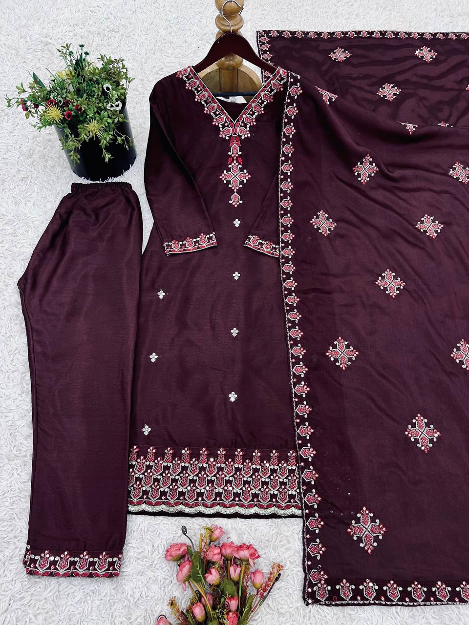 Wine Pure Chinnon Silk Top Bottom and Dupatta For Party Wear