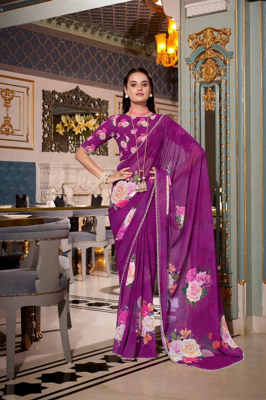 Wine Purple Georgette Floral Print Saree with Pearl Lace Border