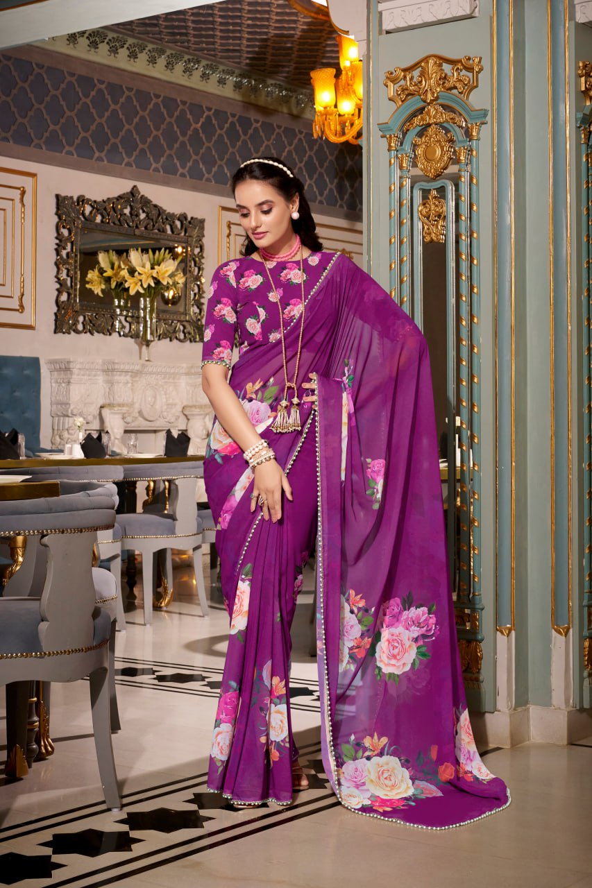 Wine Purple Georgette Floral Print Saree with Pearl Lace Border