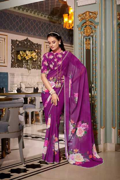 Wine Purple Georgette Floral Print Saree with Pearl Lace Border