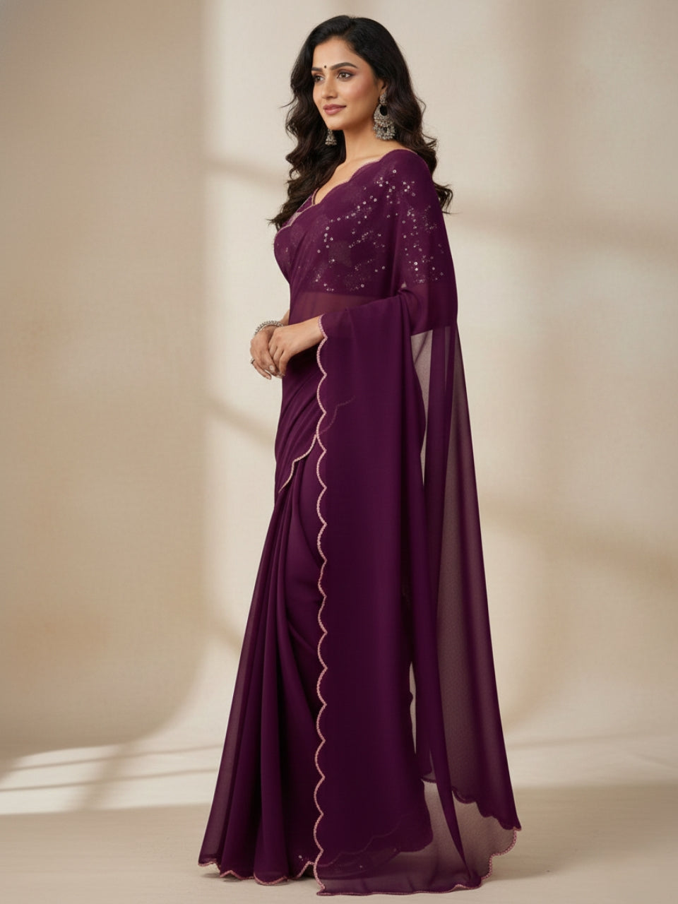 Wine Smooth Georgette Saree with Aari Border & Embroidery Blouse