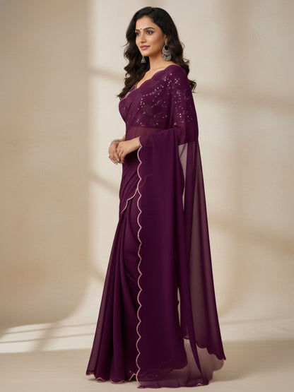 Wine Smooth Georgette Saree with Aari Border & Embroidery Blouse