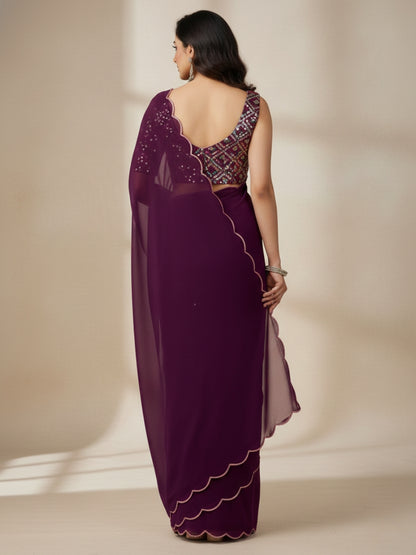 Wine Smooth Georgette Saree with Aari Border & Embroidery Blouse