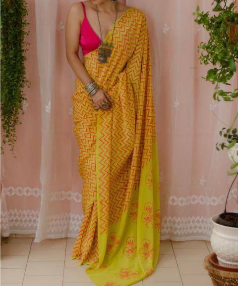 Yellow and Orange Mulmul Cotton Digital Print Saree with Banglori Blouse