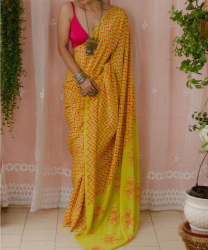 Yellow and Orange Mulmul Cotton Digital Print Saree with Banglori Blouse