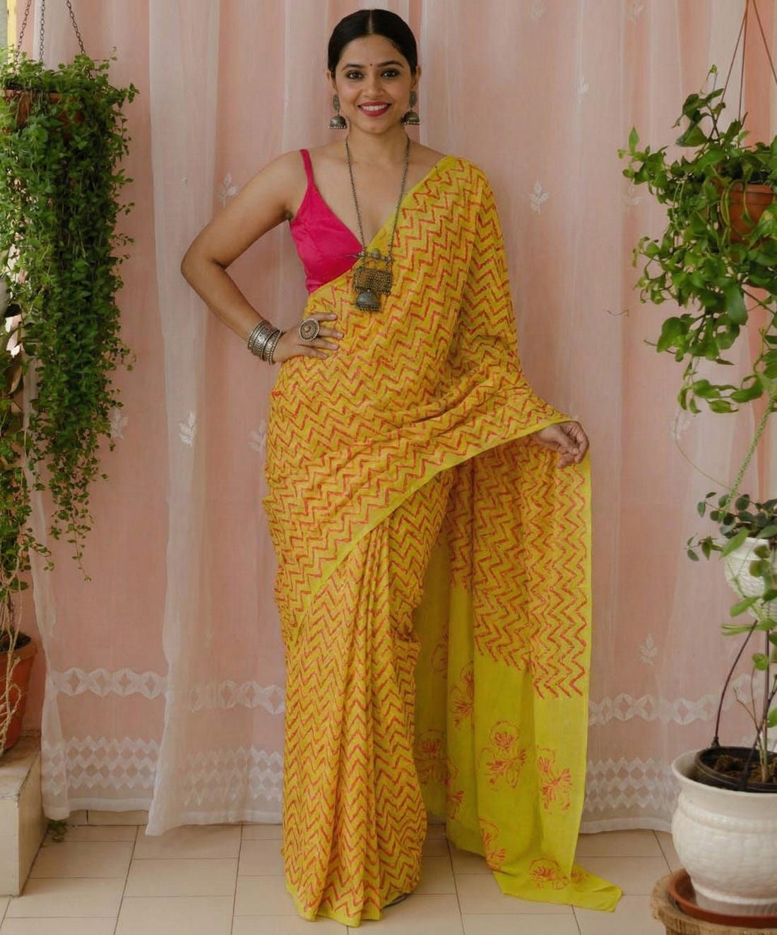 Yellow and Orange Mulmul Cotton Digital Print Saree with Banglori Blouse