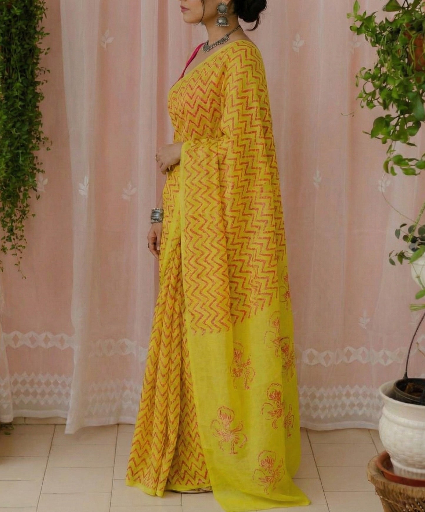 Yellow and Orange Mulmul Cotton Digital Print Saree with Banglori Blouse