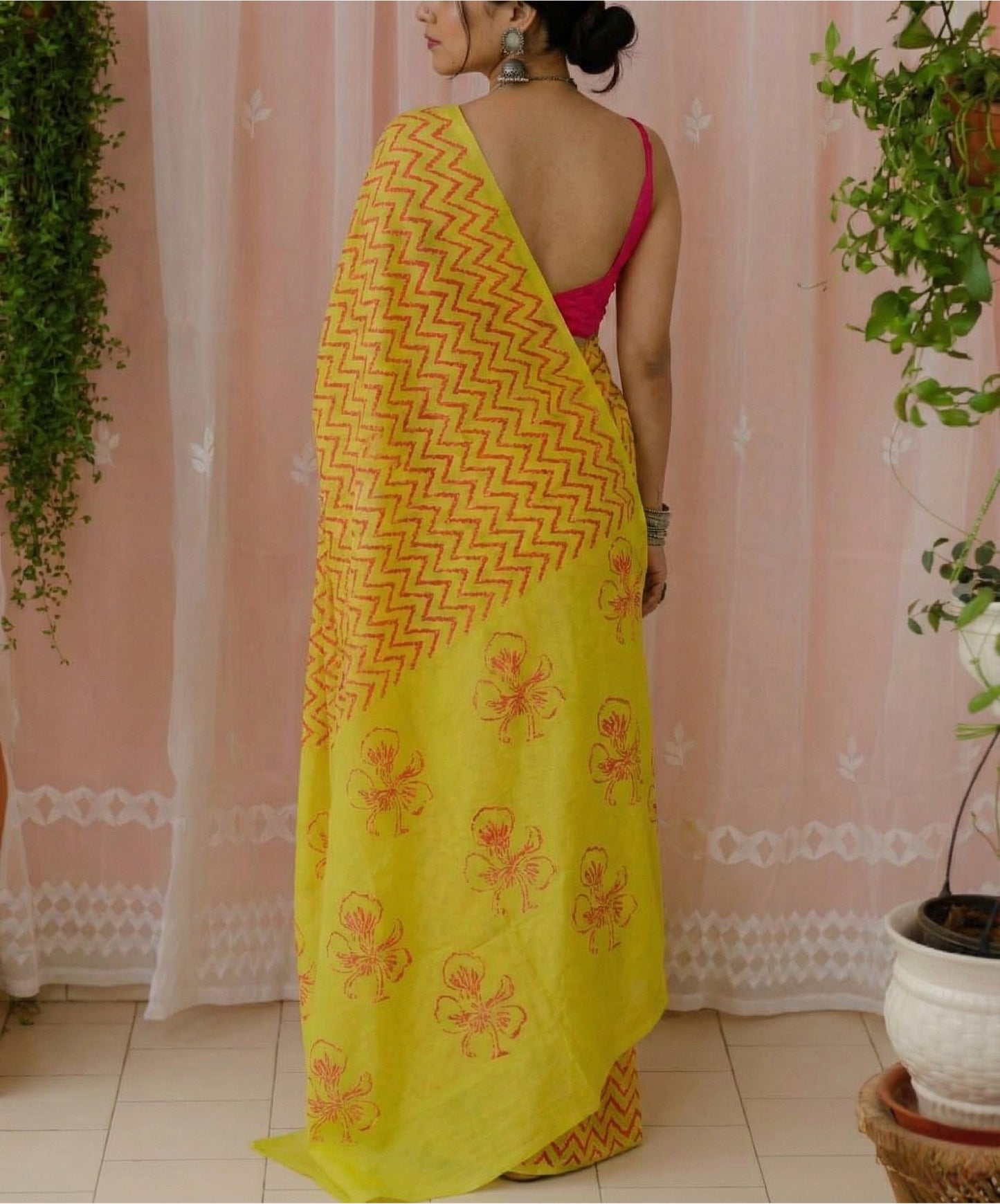 Yellow and Orange Mulmul Cotton Digital Print Saree with Banglori Blouse