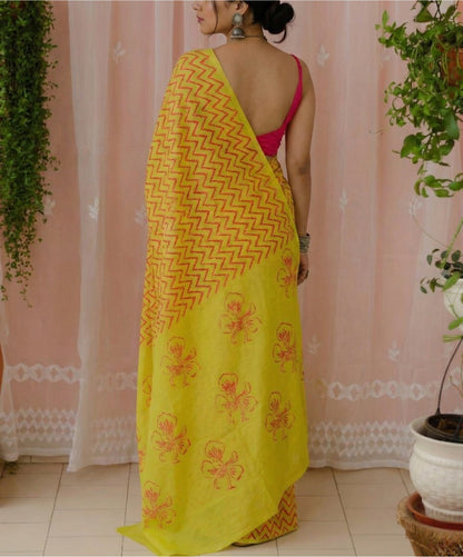 Yellow and Orange Mulmul Cotton Digital Print Saree with Banglori Blouse