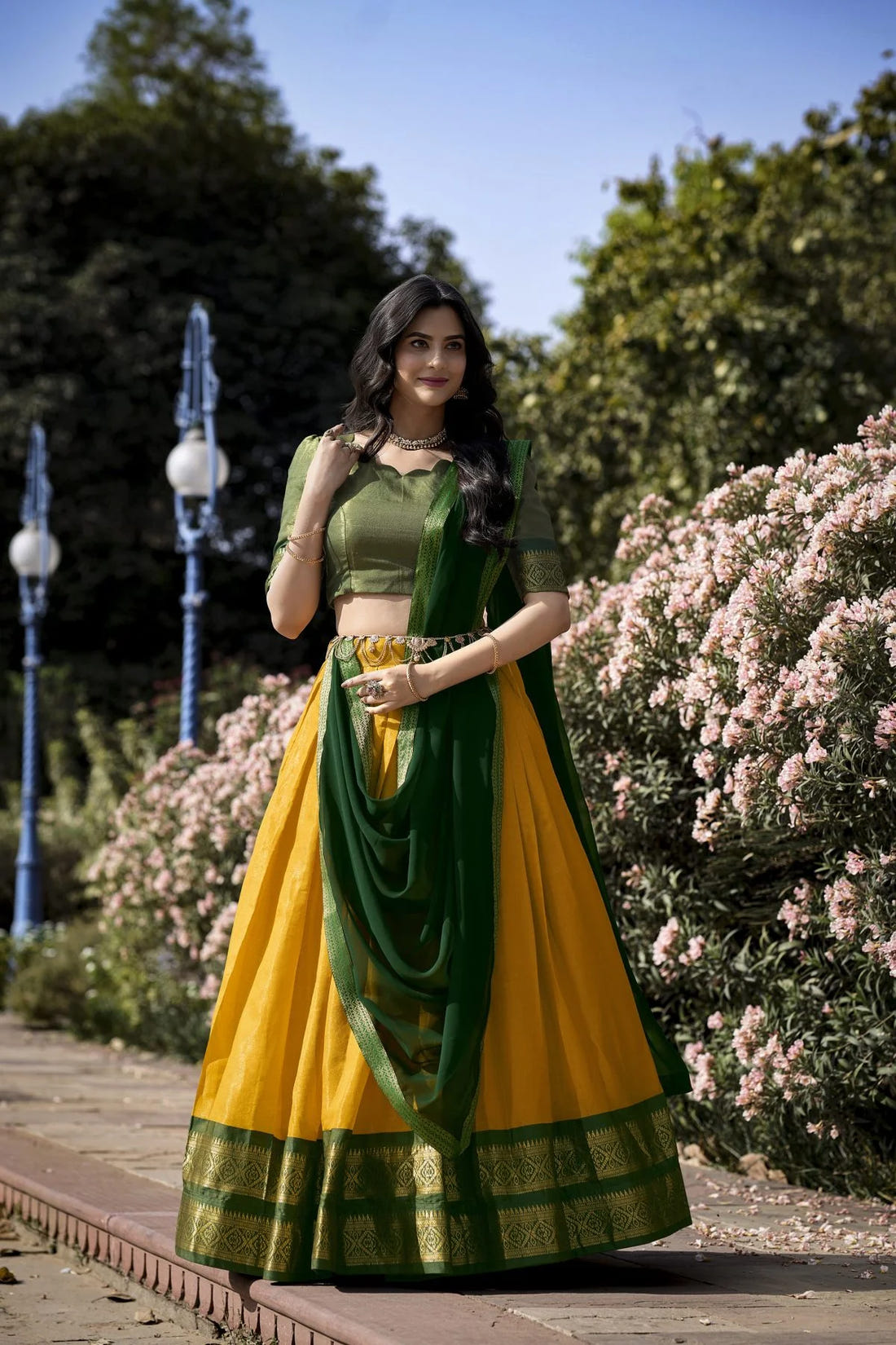 Kanchipuram Lehenga Choli with Ethnic Dupatta for Women Wedding Festival