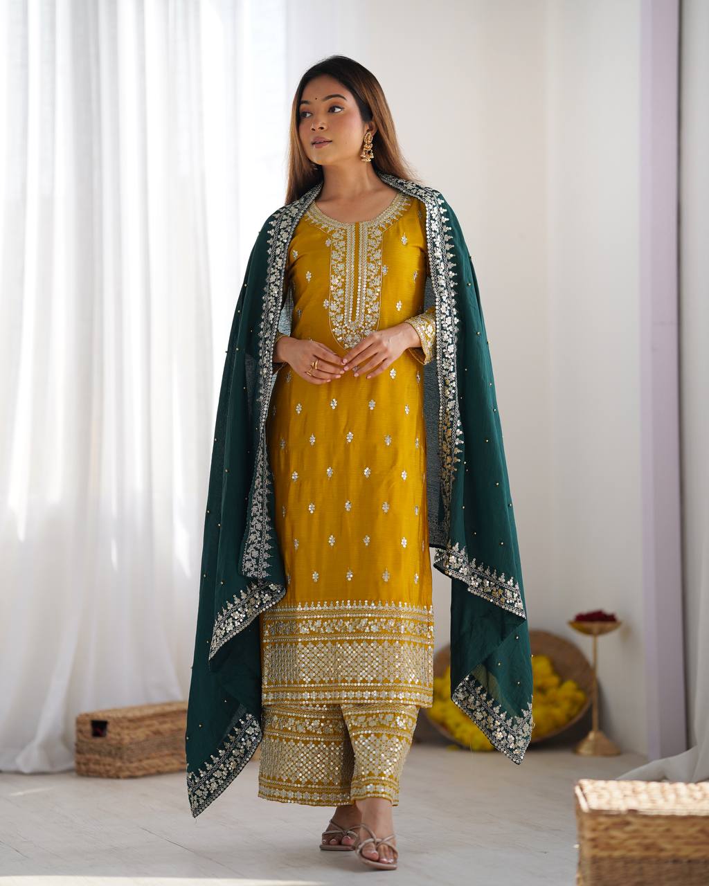 Yellow Chinnon Silk Embroidery Top Pant and Dupatta For Party Wear