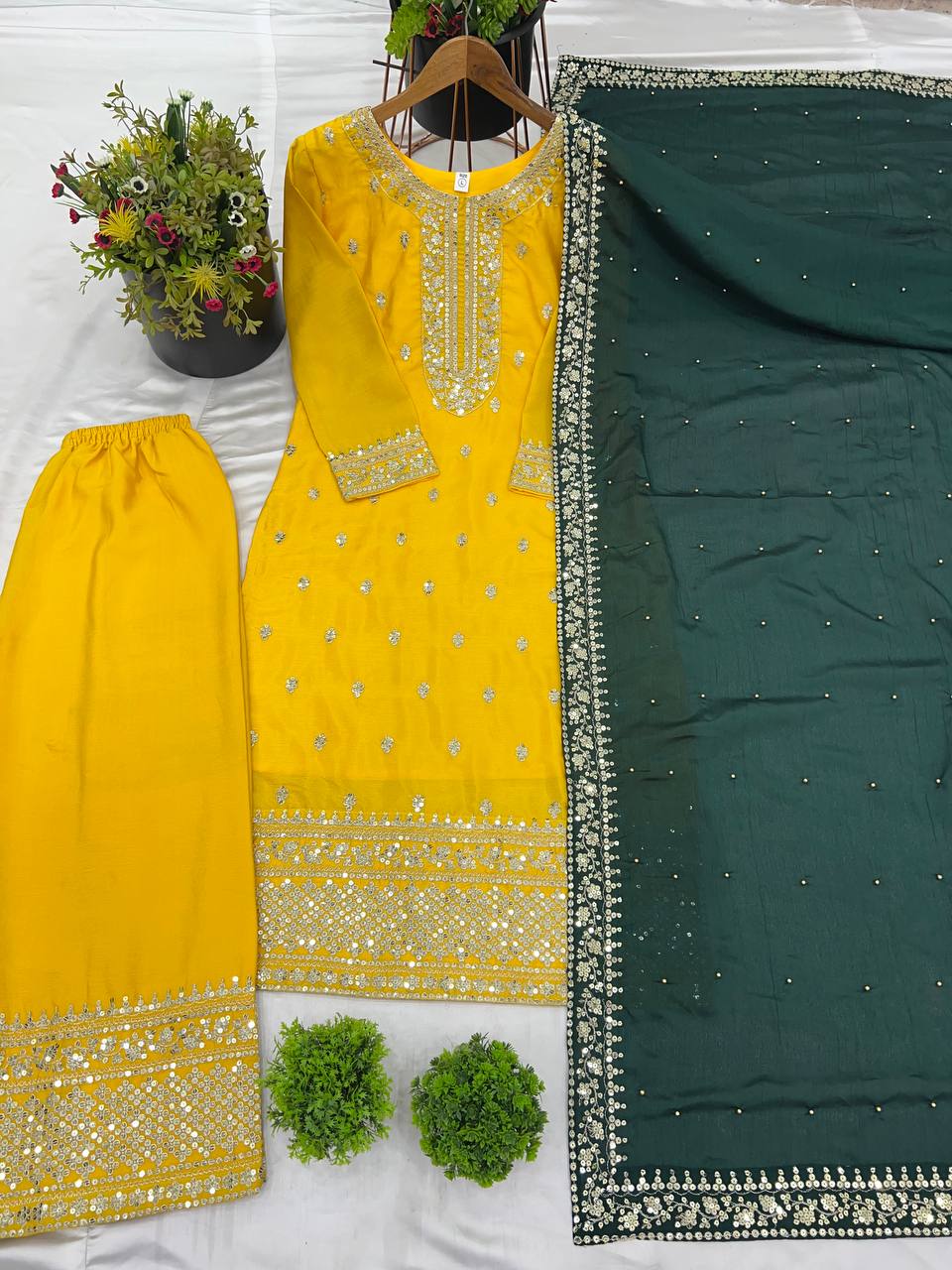 Yellow Chinnon Silk Embroidery Top Pant and Dupatta For Party Wear