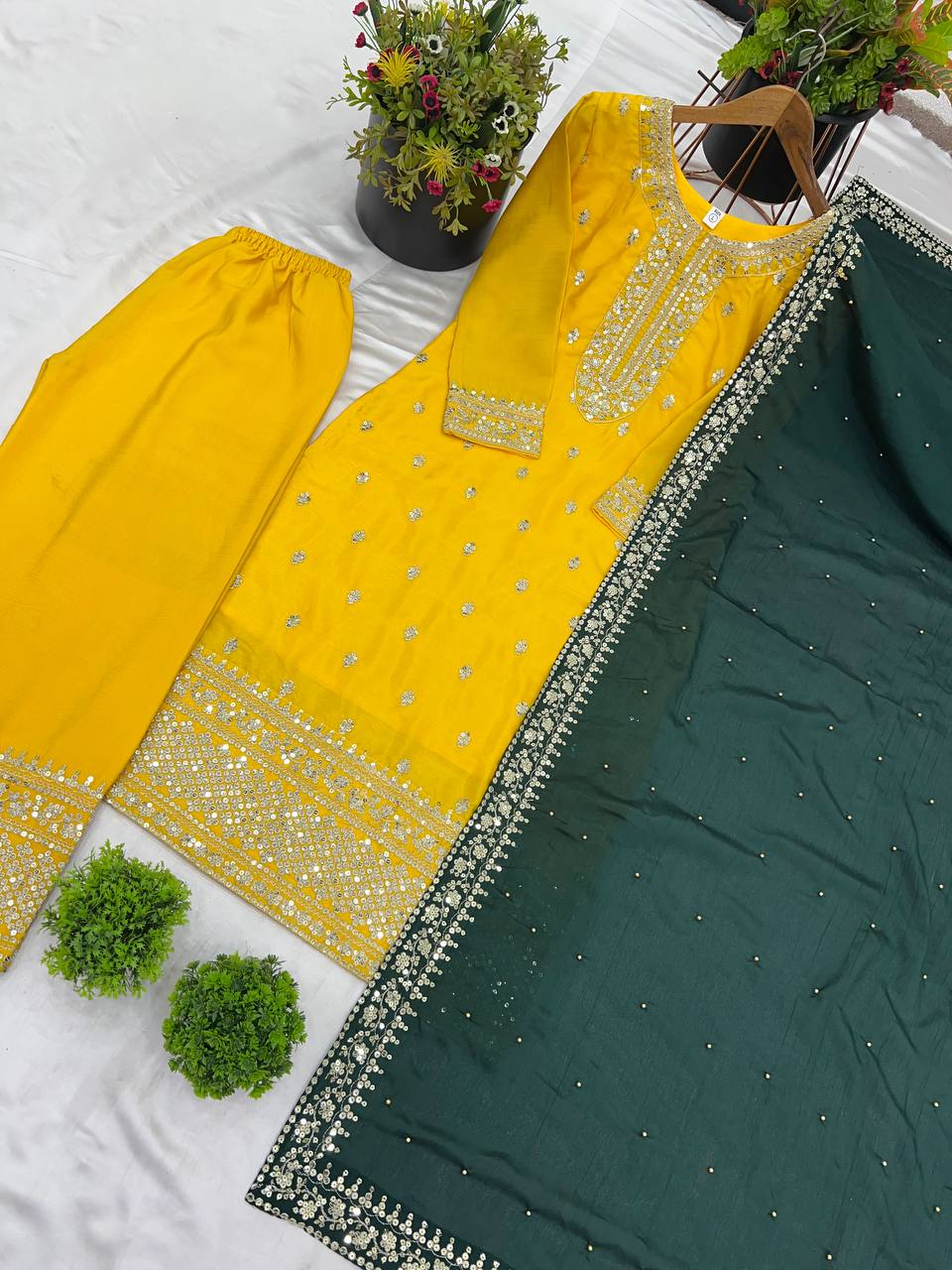 Yellow Chinnon Silk Embroidery Top Pant and Dupatta For Party Wear