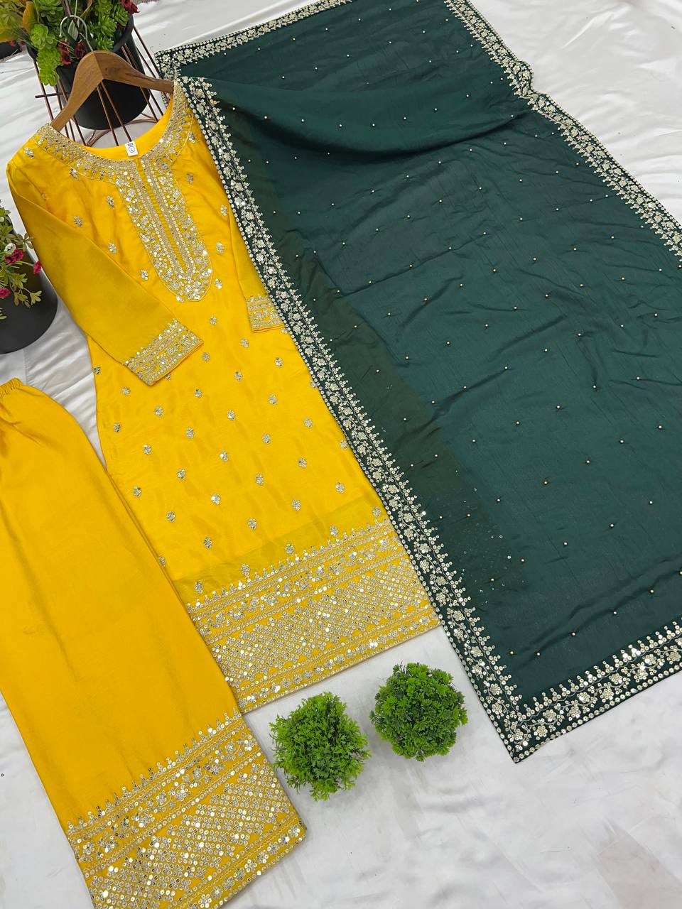 Yellow Chinnon Silk Embroidery Top Pant and Dupatta For Party Wear