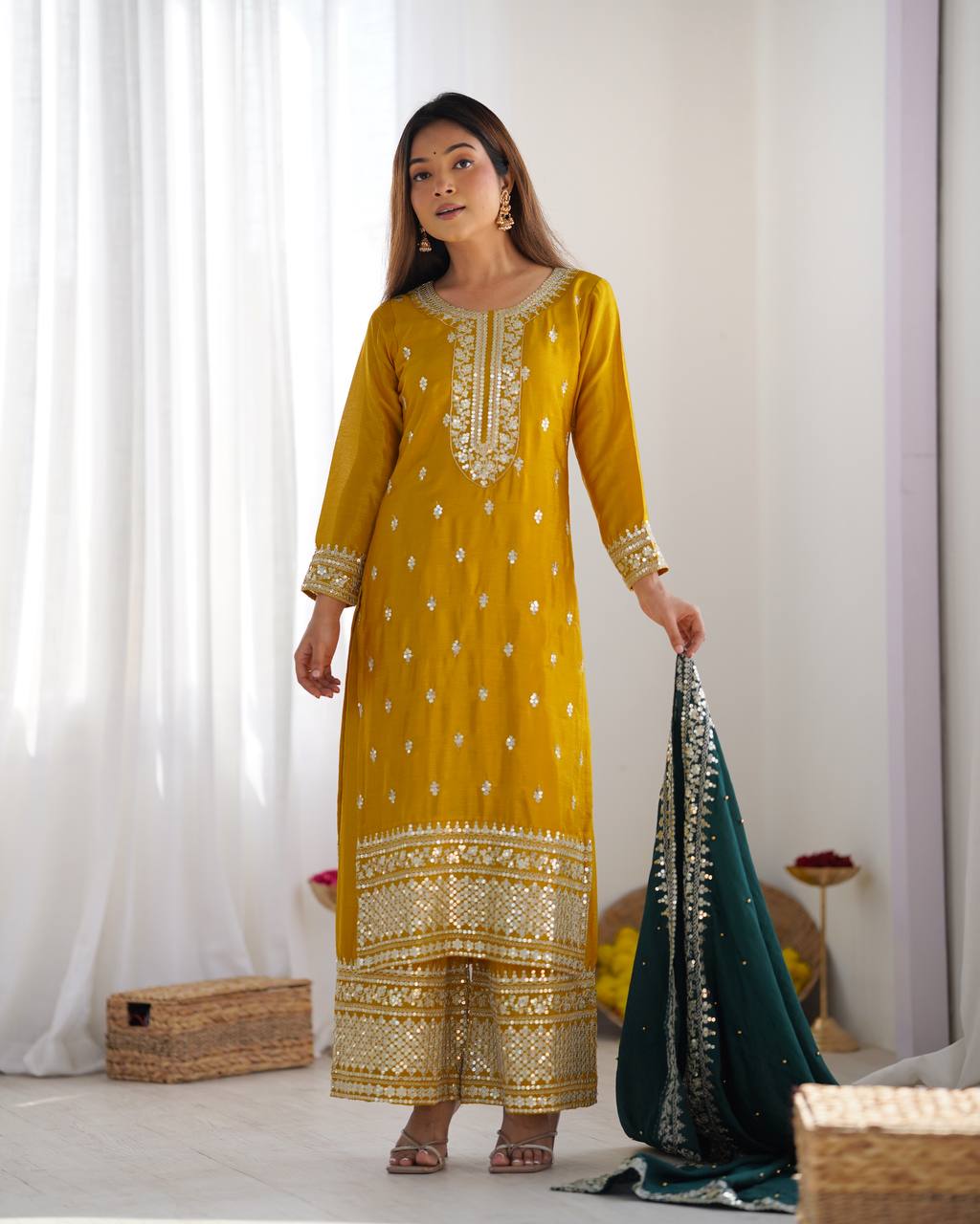 Yellow Chinnon Silk Embroidery Top Pant and Dupatta For Party Wear