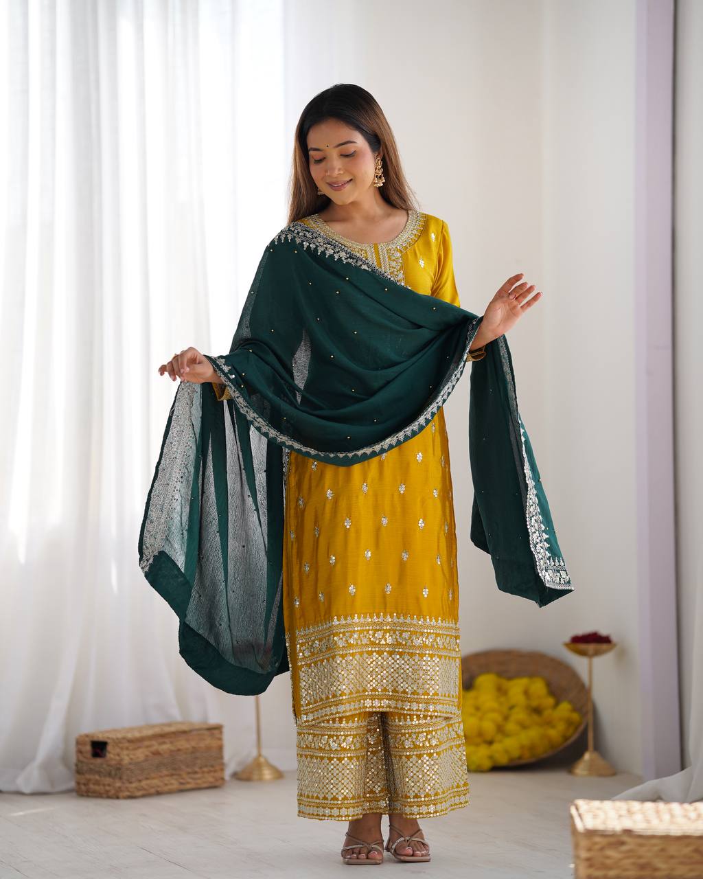 Yellow Chinnon Silk Embroidery Top Pant and Dupatta For Party Wear