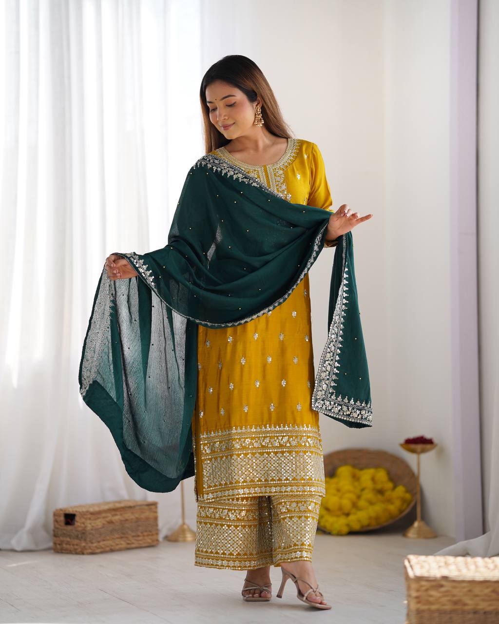 Yellow Chinnon Silk Embroidery Top Pant and Dupatta For Party Wear