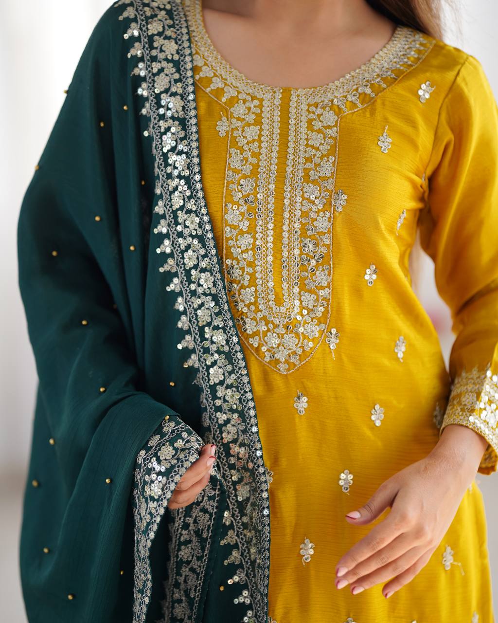Yellow Chinnon Silk Embroidery Top Pant and Dupatta For Party Wear