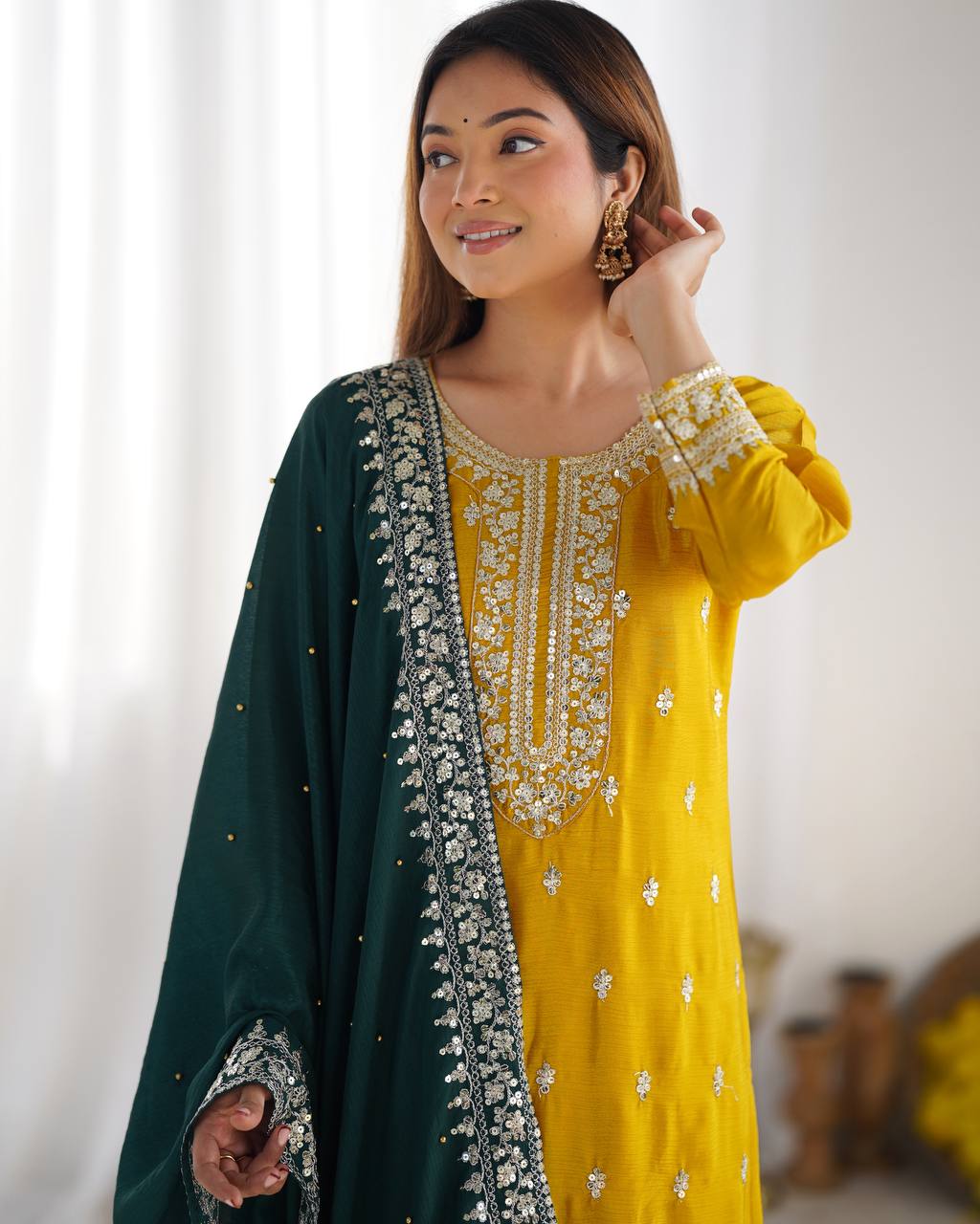 Yellow Chinnon Silk Embroidery Top Pant and Dupatta For Party Wear