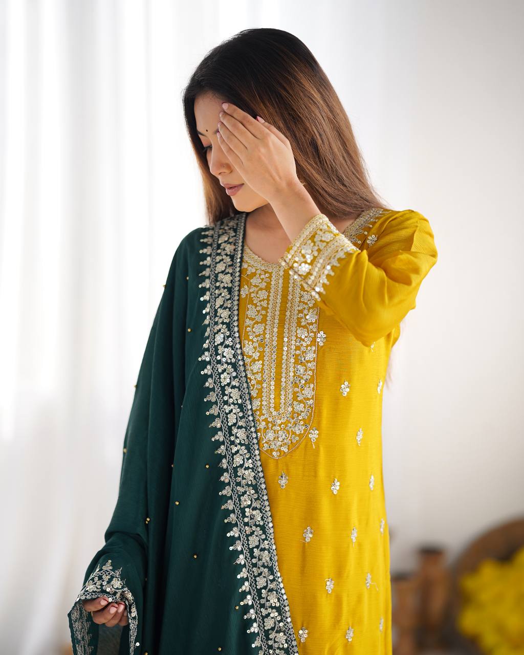 Yellow Chinnon Silk Embroidery Top Pant and Dupatta For Party Wear