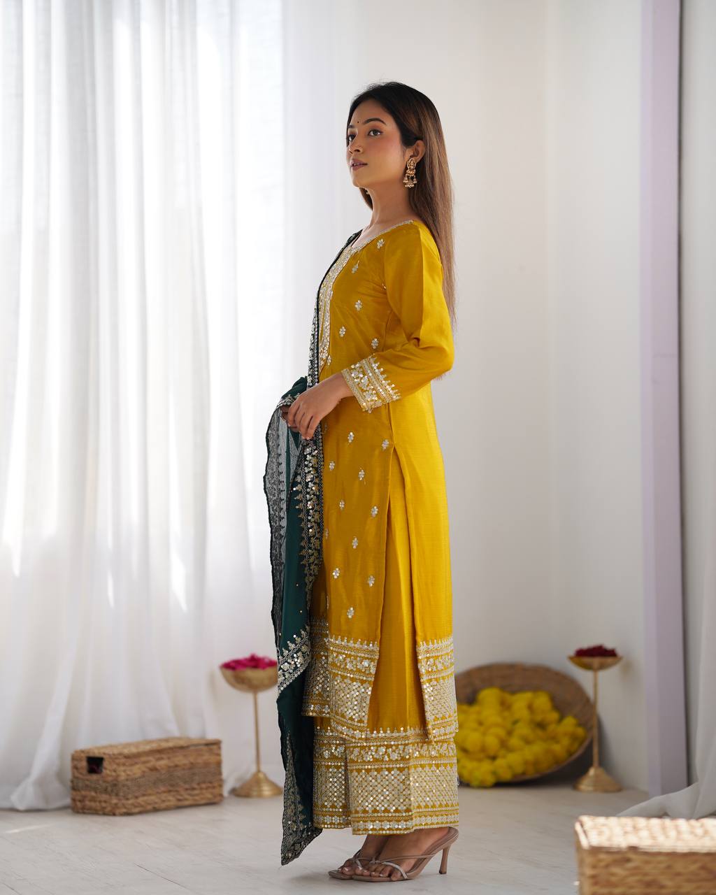 Yellow Chinnon Silk Embroidery Top Pant and Dupatta For Party Wear