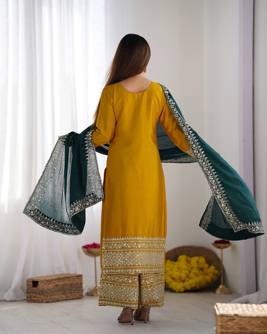 Yellow Chinnon Silk Embroidery Top Pant and Dupatta For Party Wear