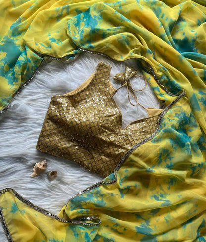 Yellow Colorful Digital Print Georgette Saree with Embroidered Blouse