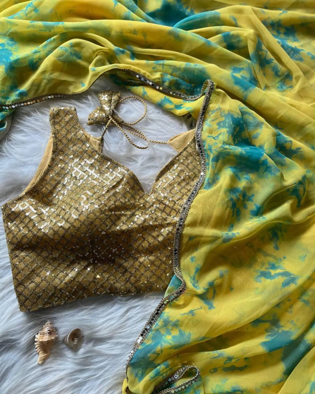 Yellow Colorful Digital Print Georgette Saree with Embroidered Blouse