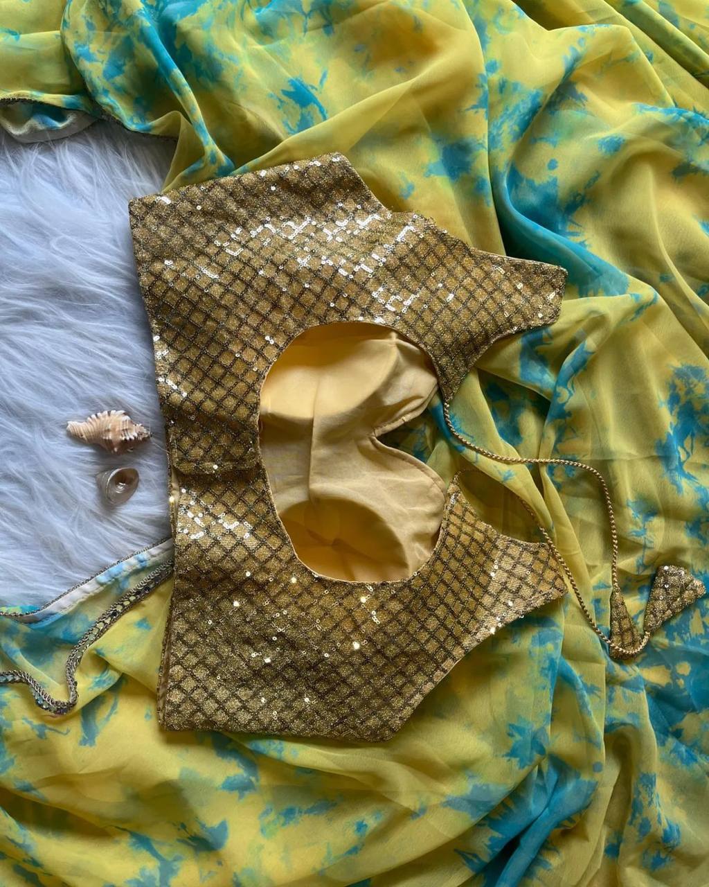 Yellow Colorful Digital Print Georgette Saree with Embroidered Blouse