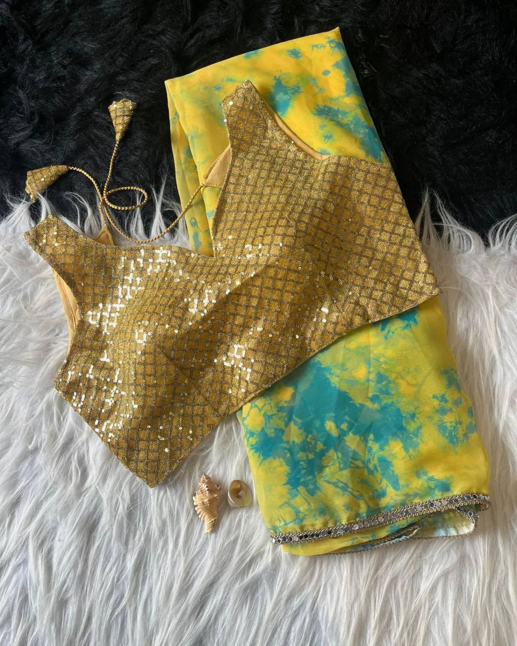 Yellow Colorful Digital Print Georgette Saree with Embroidered Blouse