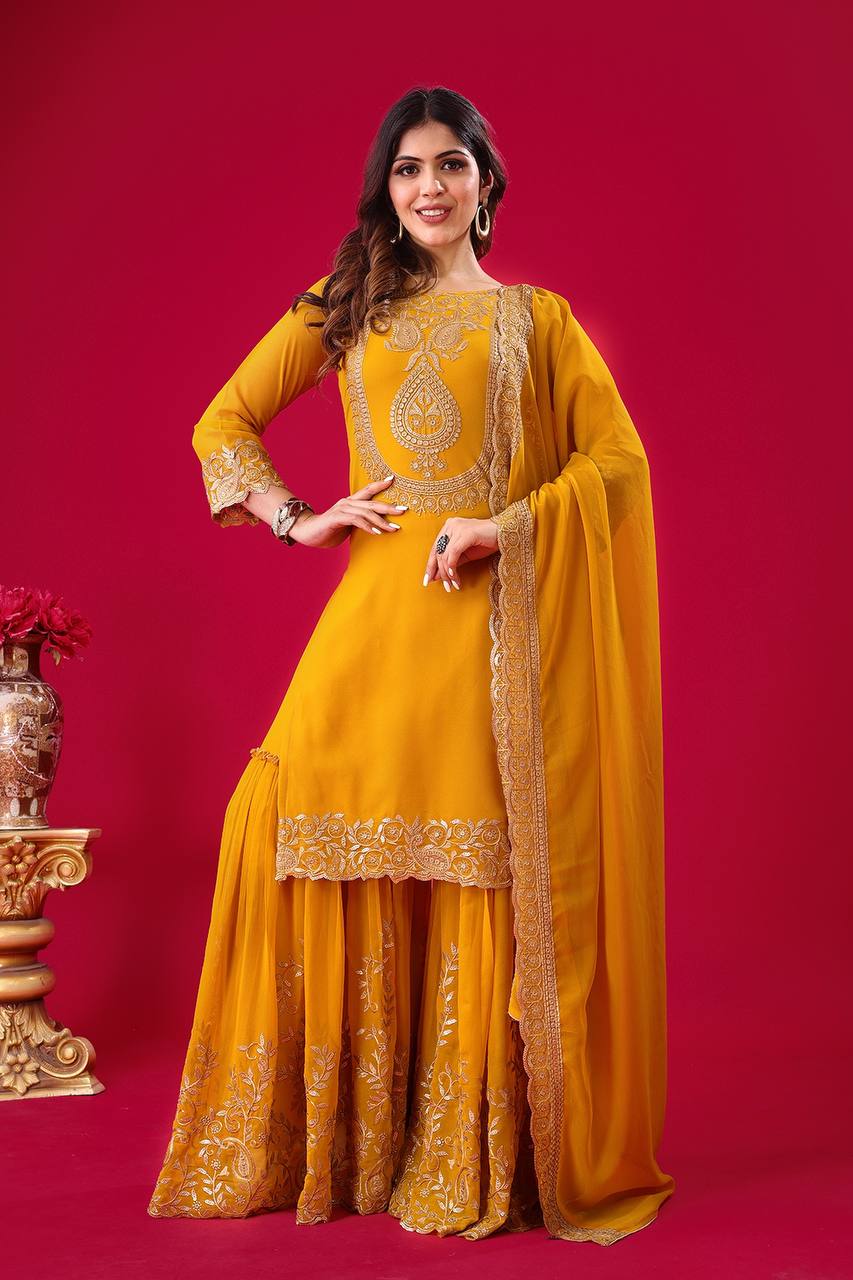 Yellow Designer Blooming Faux Georgette Palazzo Top and Dupatta