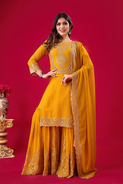Yellow Designer Blooming Faux Georgette Palazzo Top and Dupatta