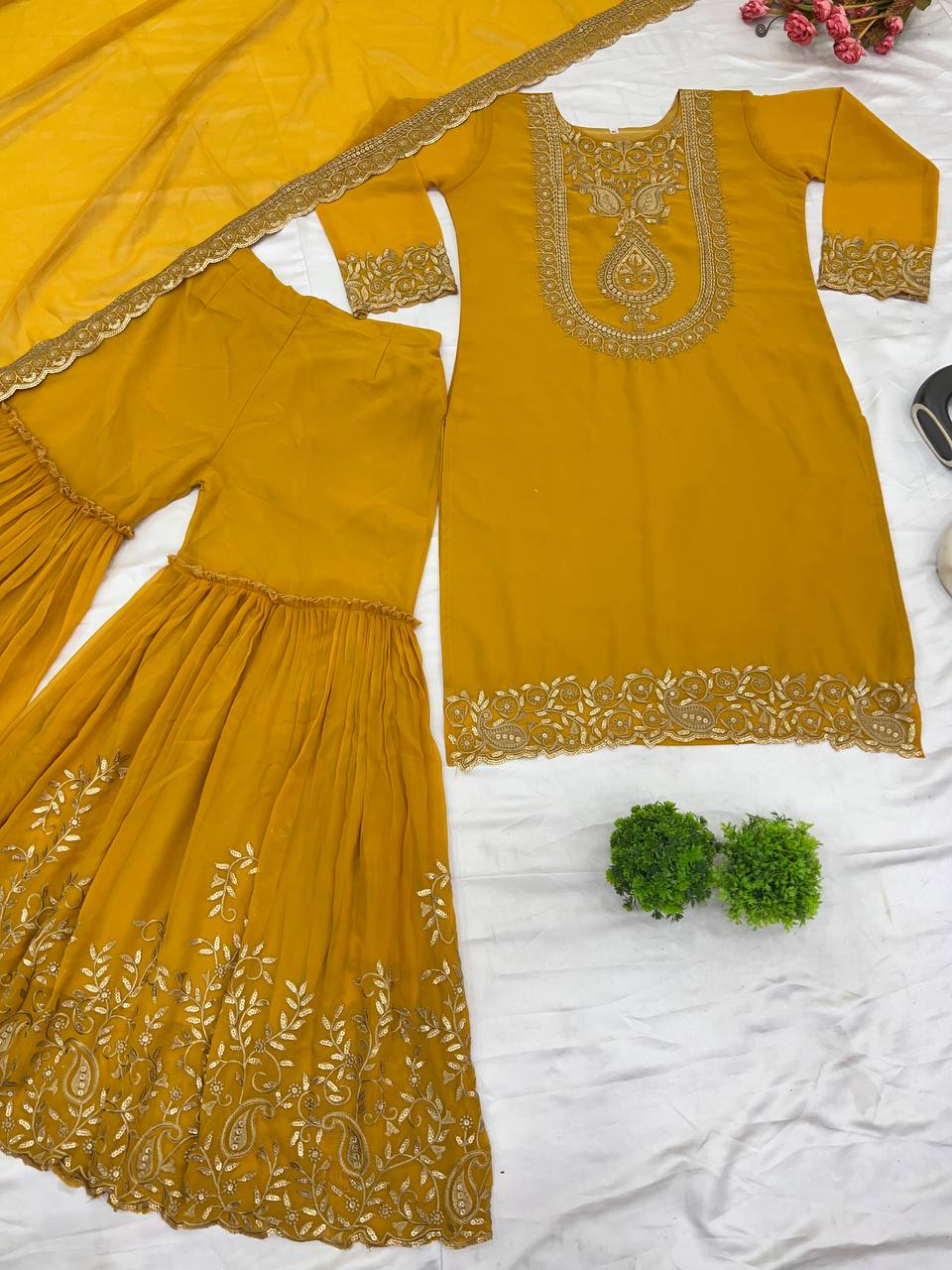 Yellow Designer Blooming Faux Georgette Palazzo Top and Dupatta