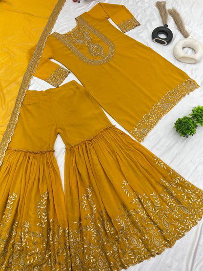 Yellow Designer Blooming Faux Georgette Palazzo Top and Dupatta