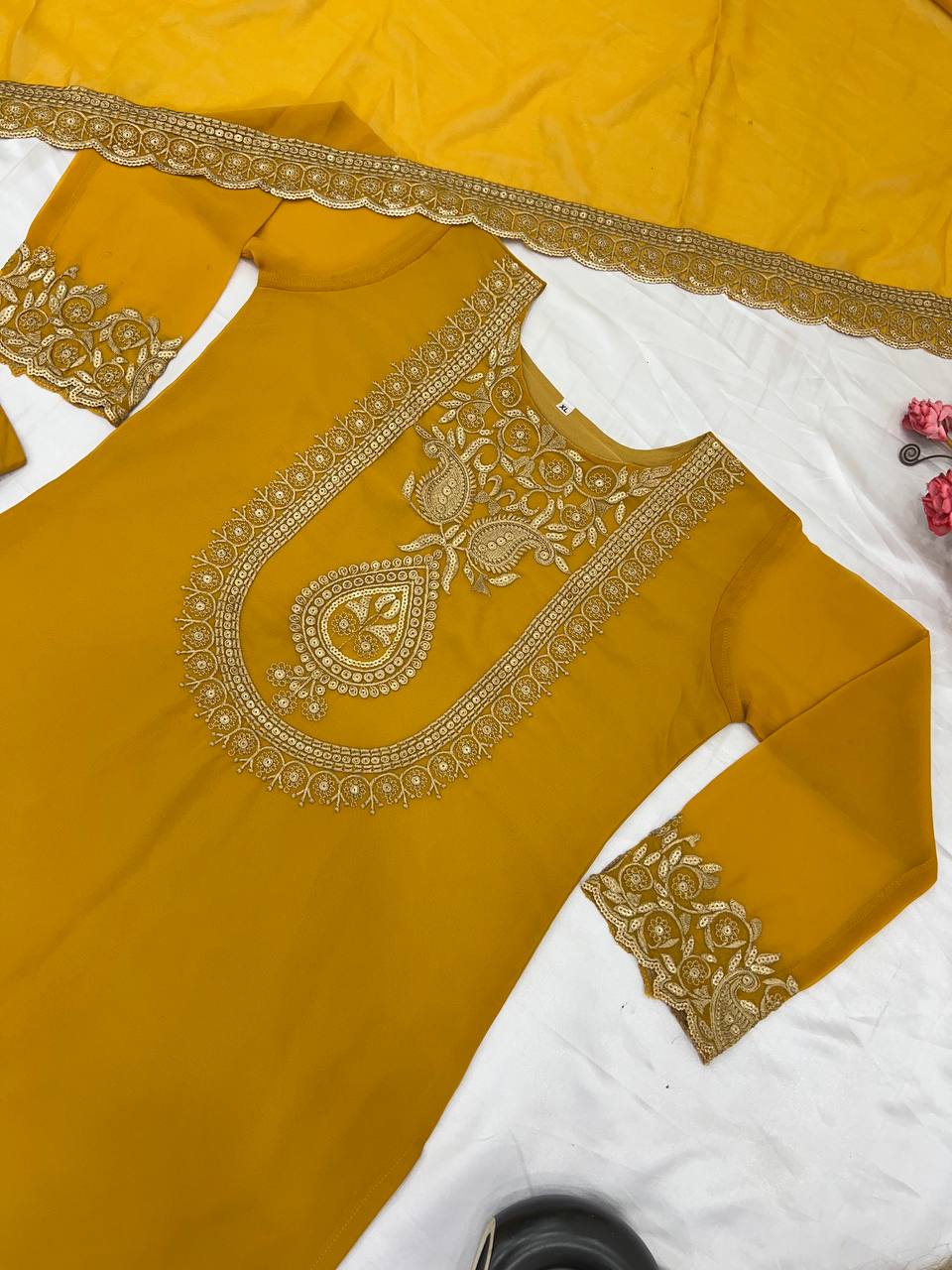 Yellow Designer Blooming Faux Georgette Palazzo Top and Dupatta