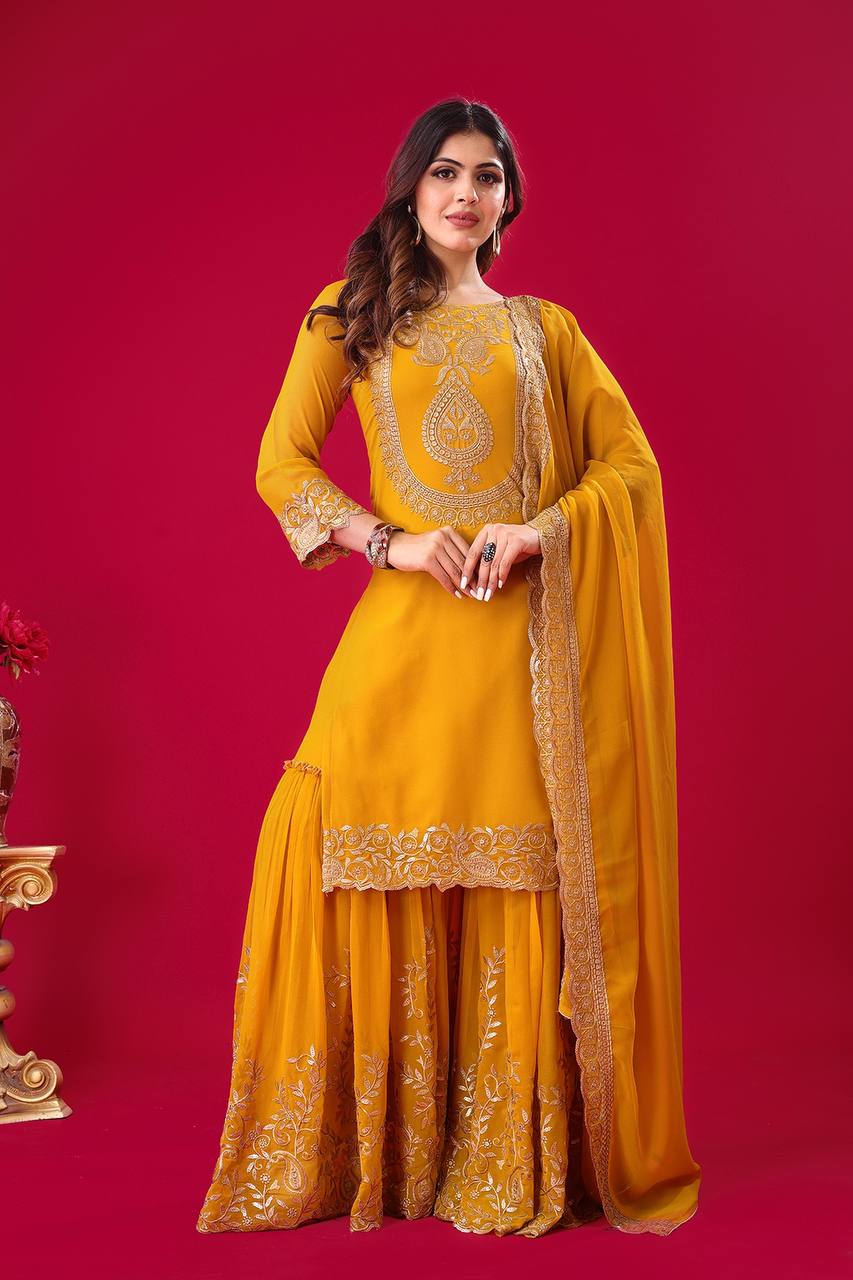 Yellow Designer Blooming Faux Georgette Palazzo Top and Dupatta