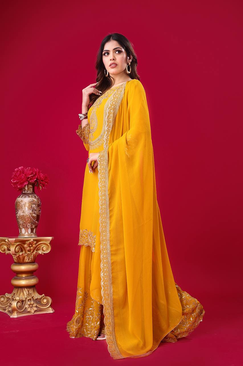 Yellow Designer Blooming Faux Georgette Palazzo Top and Dupatta