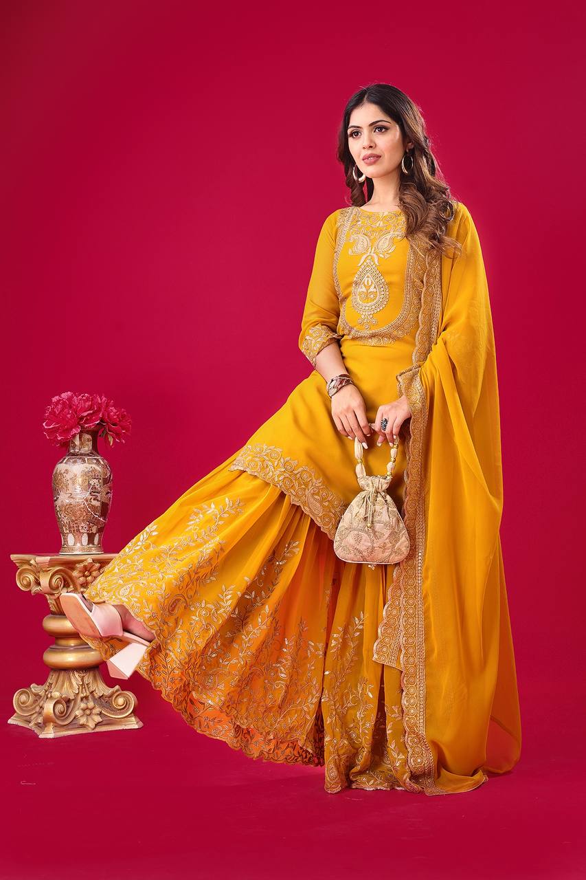 Yellow Designer Blooming Faux Georgette Palazzo Top and Dupatta