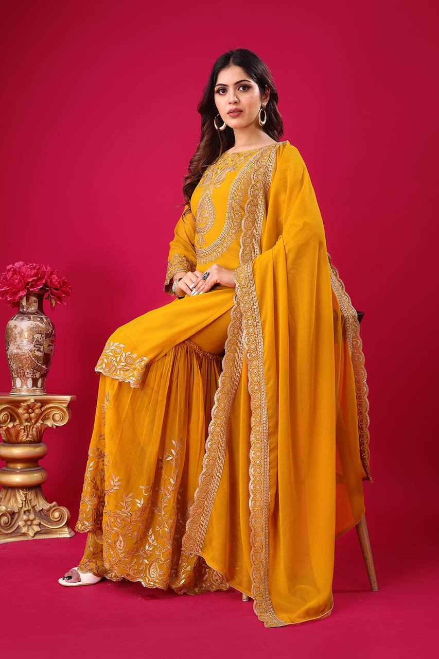 Yellow Designer Blooming Faux Georgette Palazzo Top and Dupatta