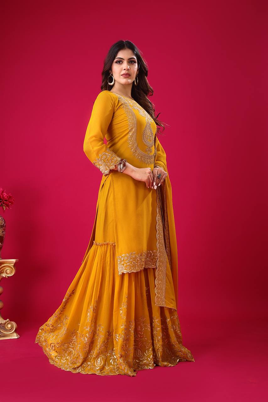 Yellow Designer Blooming Faux Georgette Palazzo Top and Dupatta